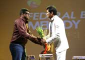 Reflexologist Ansar welcoming Vijay Yesudas in the event Melody in darkness  . 3rd Dec 2012
